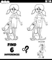 juego de diferencias con la niña y su perro página del libro para colorear vector