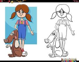 caricatura, niña, y, ella, perro, colorido, página vector