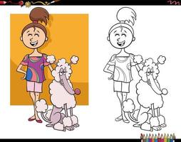 caricatura, niña, y, ella, caniche, perro, colorido, página vector