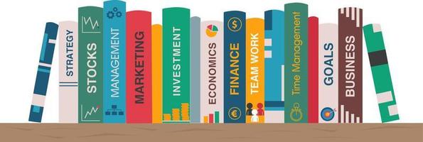 Bookshelf with business books.  Shelf with books about finance, marketing, management, strategy, goals, time management, team work. Banner for library, book store. Vector illustration in flat style.