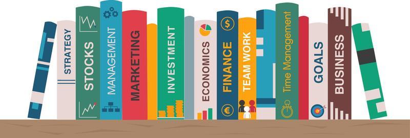 Bookshelf with business books.  Shelf with books about finance, marketing, management, strategy, goals, time management, team work. Banner for library, book store. Vector illustration in flat style.