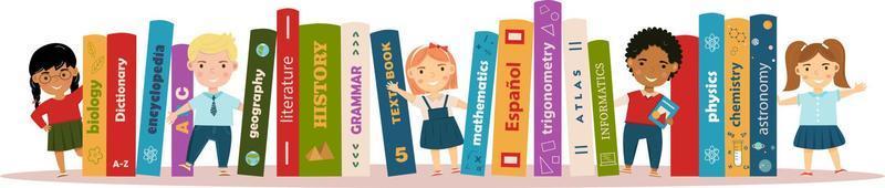 Horizontal banner with school children and text books. Boys and girls are standing near books. Study, education, back to school. Poster for store, shop, library, school library. vector