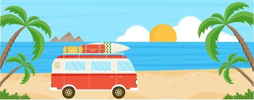 Banner with red bus with surf board and luggage on the beach. Summer sea background.  Summer travel, holiday, tourism. Beach with palms, mountains, sun, camper van. Vector illustration.