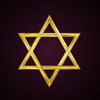 Jewish Star of David. Golden six-pointed star on a dark background. 3d realistic hexagonal figure. Gold Magen David. Vector icon. Easy to edit template for jour designs.