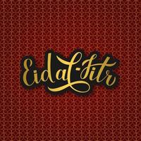 Eid al-Fitr calligraphy lettering on red and gold Arabic pattern background. Muslim holiday vector poster. Islamic traditional festival of breaking the fast. Template for banner or greeting card.