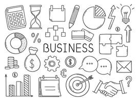 Hand drawn set of Business and finance doodle. Diagrams, money, calendar, handshake, calculator in sketch style. Vector illustration isolated on white background.