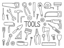 Hand drawn set of construction tools doodle Different working and building tools in sketch style. Saw, hammer, wrench, screw, drill. Vector illustration isolated on white background.