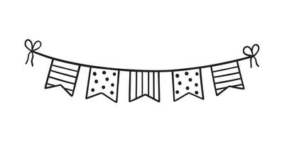 Hand drawn party bunting flags doodle.  Birthday garland in sketch style.  Vector illustration isolated on white background.