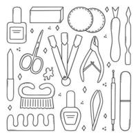 Hand drawn set of manicure and pedicure equipment doodle. Nail salon in sketch style. nail polish, tweezers, polish remover, nail clippers, scissors. Vector illustration isolated on white background.