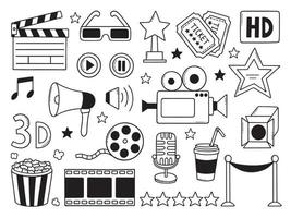 Hand drawn set of Cinema, film doodle. Movie elements in sketch style. Camera, film strip, popcorn, clapperboard, ticket. Vector illustration isolated on white background.
