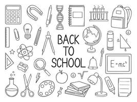 Hand drawn set of Back to school doodle. School and Education supplies in sketch style. Vector illustration isolated on white background.