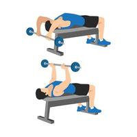 Man doing lying chest overhead extensions exercise. Flat vector illustration isolated on white background
