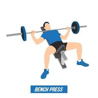 ejercicio de press de banca. hombre con entrenador de músculos en el gimnasio. ilustración vectorial aislada sobre fondo blanco. vector