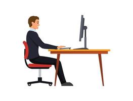 la postura de posición correcta cuando se trabaja en la computadora. un hombre se sienta en una mesa con un monitor. curvatura espinal. buena postura. espalda sana. ilustración vectorial aislada vector