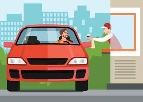 Driver in car takes fast food order at Drive Thru counter. Vector illustration of distance service scene in coronavirus pandemic, infection prevention