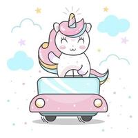 Cute unicorn cartoon driving a car vector