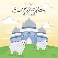 diseño de cartel de eid al-adha con vector de oveja y mezquita elegante