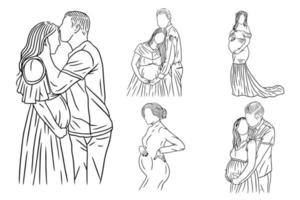 Set Bundle Line Art Drawing Simple Maternity Couple Pose Love Father and Mother Hand Drawn vector