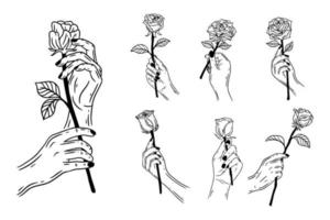 conjunto de dibujo de arte de línea de paquete flor de rosa simple con mano sosteniendo dibujado a mano vector