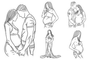 Set Bundle Line Art Drawing Simple Maternity Couple Pose Love Father and Mother Hand Drawn vector