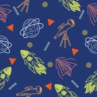 cute vector line rocket and outer space seamless pattern colorful object wallpaper with design dark blue.