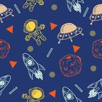 cute vector line rocket and outer space seamless pattern colorful object wallpaper with design dark blue.