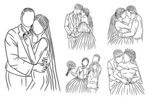 conjunto paquete línea arte dibujo simple amor pareja boda feliz dibujado a mano vector