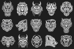 Set Mega Collection Bundle of Hand drawn Skull Animal Beast and Oni Dark Art with Different Pose Hatching Outline Style illustration vector