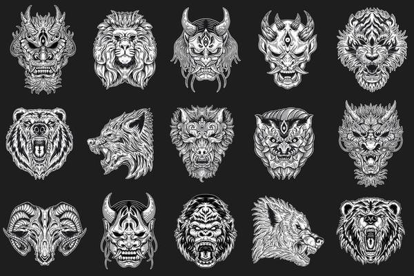 Set Mega Collection Bundle of Hand drawn Skull Animal Beast and Oni Dark Art with Different Pose Hatching Outline Style illustration