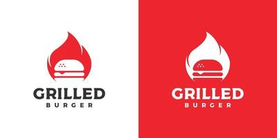 burger with fire, grilled burger logo design vector