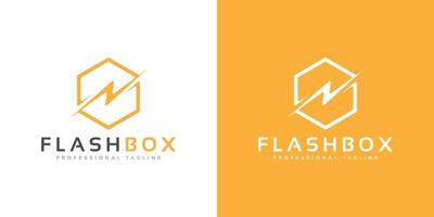 modern hexagon box cube tech technology logo with flash, thunder, bolt vector