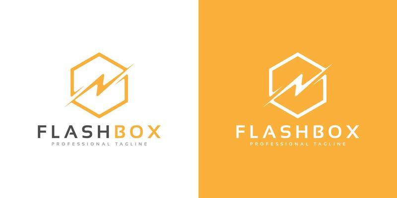 modern hexagon box cube tech technology logo with flash, thunder, bolt