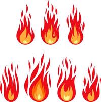 Fire flame set isolated on the white background. Different shapes flat style. Vector illustration.