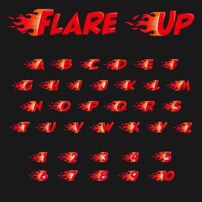 Burning alphabet and numbers. Red fame flat style isolated on the black background. Vector illustration.