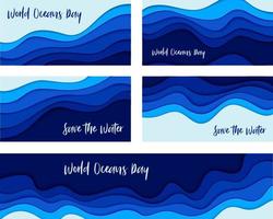 World Oceans Day banner, poster template. Deep blue sea waves paper cut style. Vector illustration EPS 10