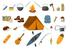 conjunto de equipamiento turístico: carpa, mochila, saco de dormir, caña de pescar, kayak y otros artículos. colección de camping y senderismo. equipo de trekking. vector