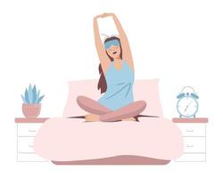 Young Girl on the bed in the morning, stretching and yawning vector