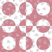 Geometric seamless pattern with doodle hearts and round spots. Aesthetic background with distorted squares and circles. vector