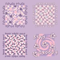 Slogan prints with groovy flowers on trippy grid collection in 1970s style. vector