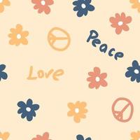 Summer seamless pattern with symbol of peace, flowers and text. vector