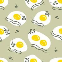 Hand drawn seamless pattern with fried eggs and greenery. vector