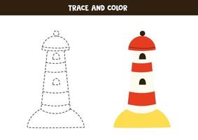 Trace and color lighthouse. Worksheet for children. vector