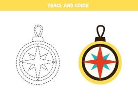 Trace and color navigational compass. Worksheet for children. vector