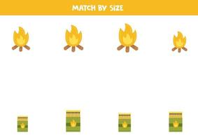Matching game for preschool kids. Match matches and bonfire by size. vector
