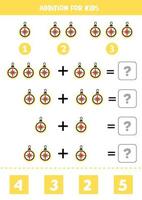 Addition for kids with cartoon navigational compass. vector