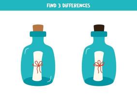 encuentra 3 diferencias entre dos botellas con nota. vector