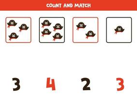 Counting game for kids. Count all pirate hats and match with numbers. Worksheet for children. vector