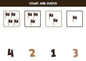 Counting game for kids. Count all pirate flags and match with numbers. Worksheet for children. vector