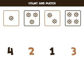 Counting game for kids. Count all steering wheels and match with numbers. Worksheet for children. vector