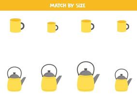 Matching game for preschool kids. Match kettles and mugs by size. vector